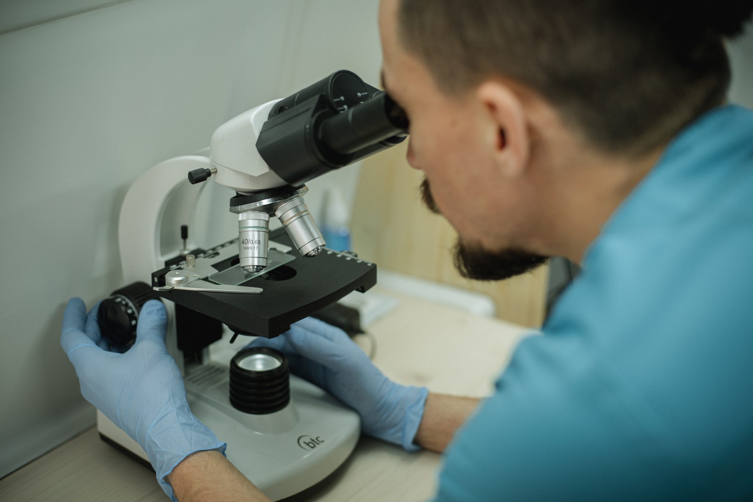 Veterinary looking through microscope